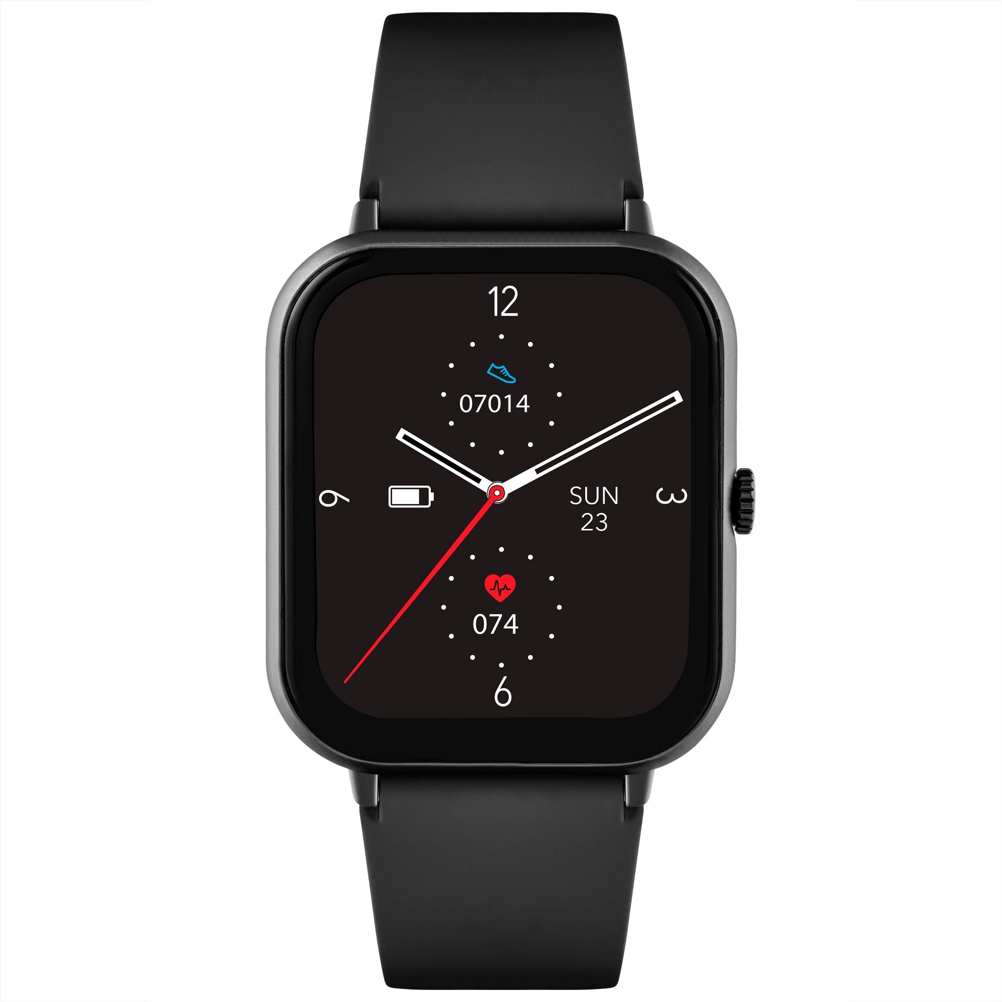 Sleek black smartwatch with a square face displaying time and health metrics.