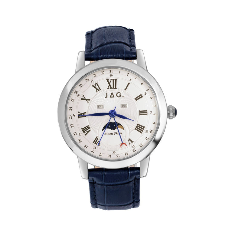 Elegant wristwatch with a white face, blue leather strap, and moon phase complication.