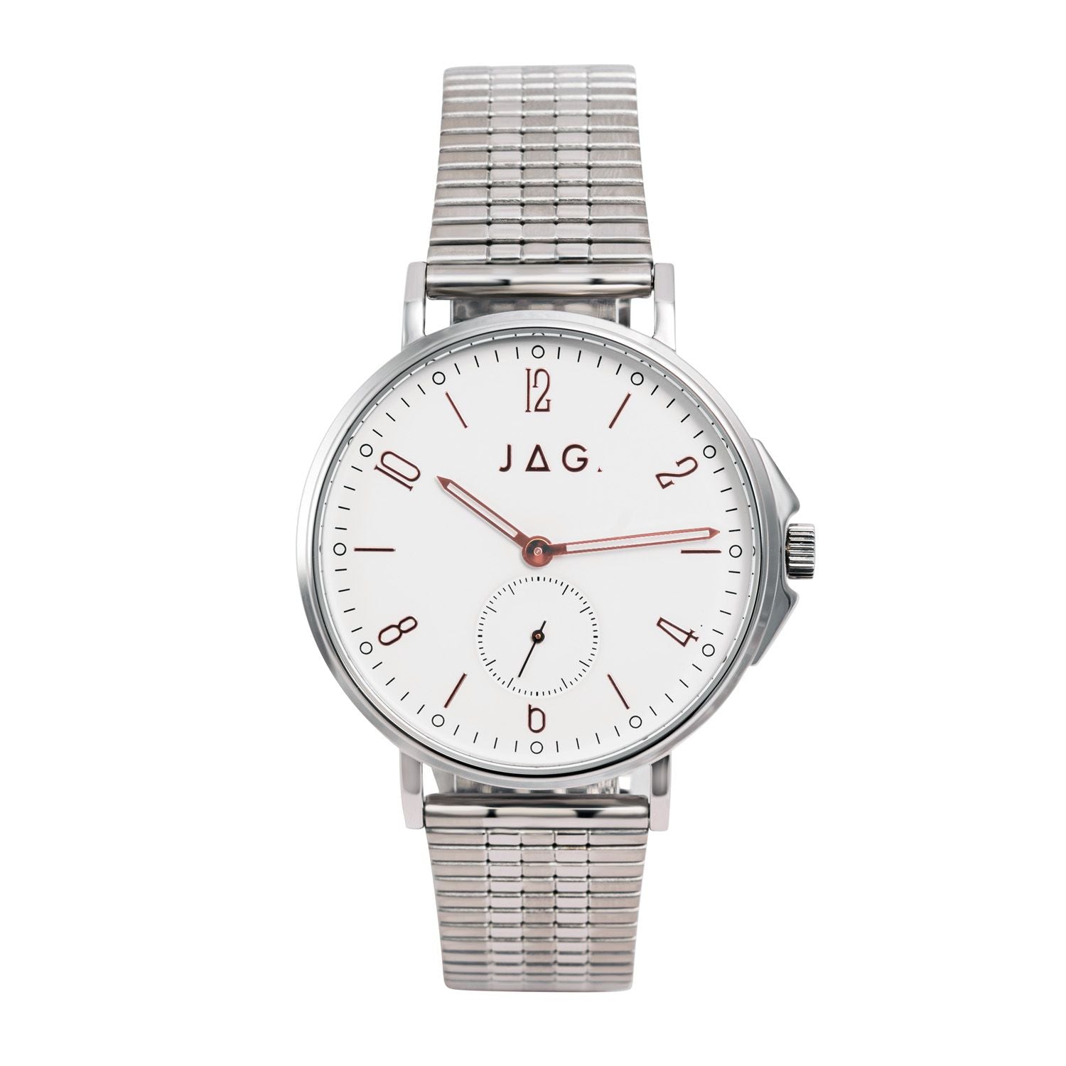 Silver wristwatch with a white dial and expandable metal band.