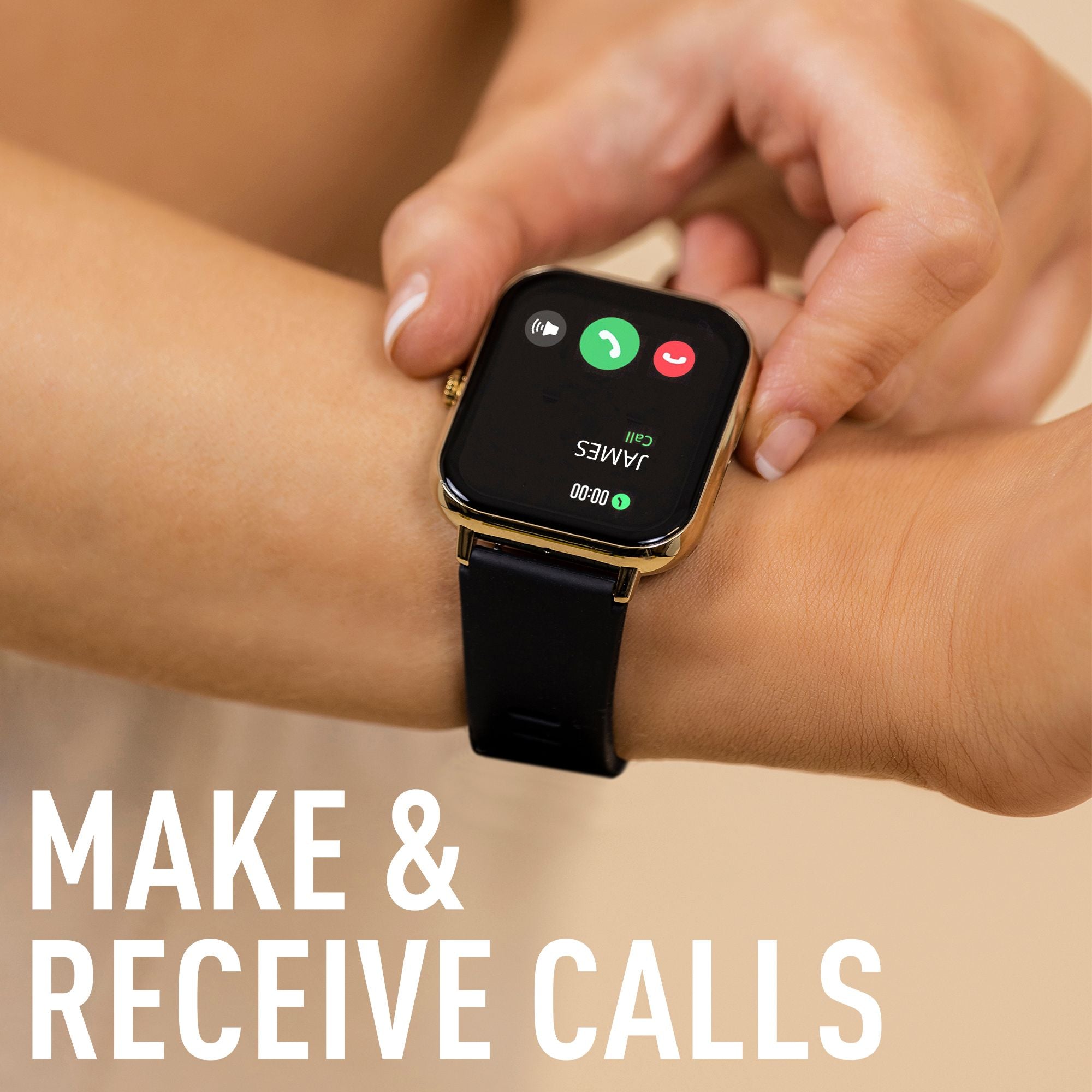 Gold-trimmed smartwatch with a black band displaying call options on its screen.
