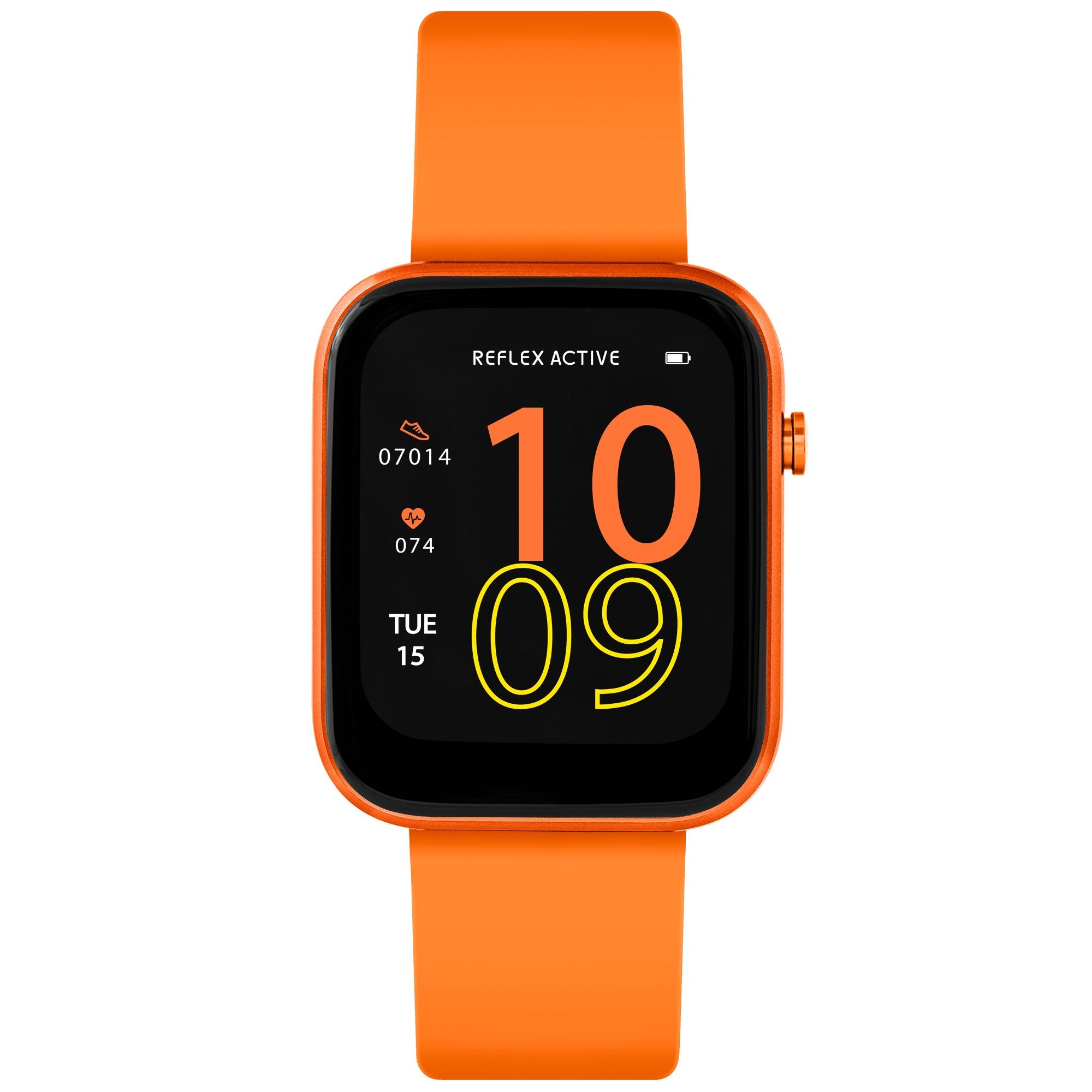 Orange smartwatch with a digital display showing the time 10:09.