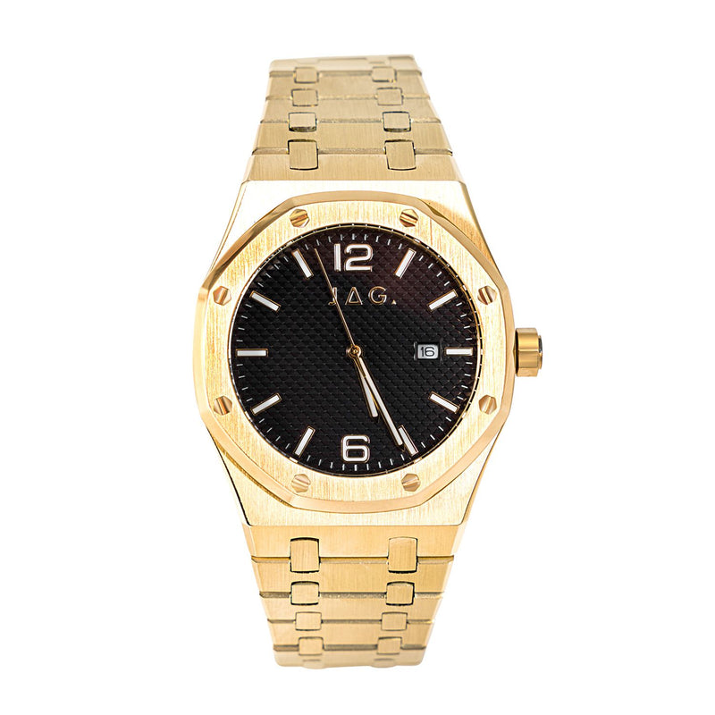 Gold-toned luxury wristwatch with a black dial and octagonal bezel.