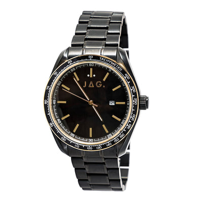 Black metal wristwatch with a dark face and gold accents.
