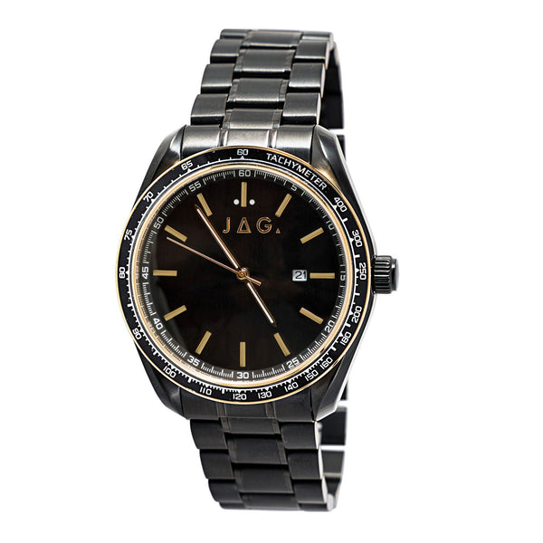 Black metal wristwatch with a dark face and gold accents.