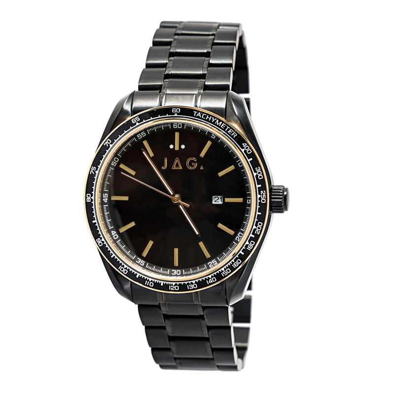 Black metal wristwatch with a dark face and gold accents.