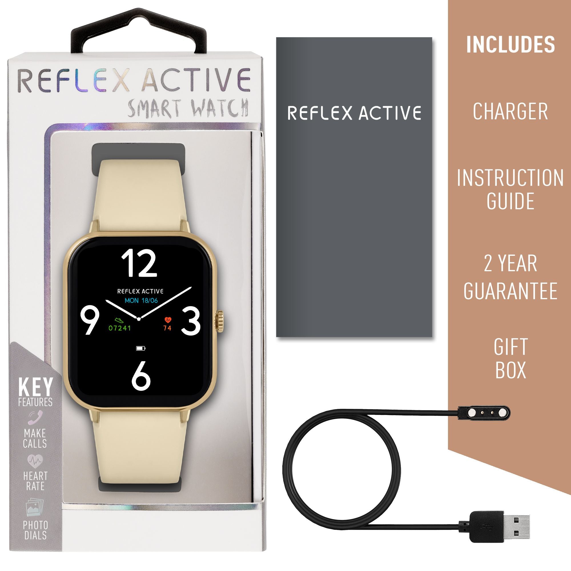 Smartwatch with a square display and light-colored band in its packaging.