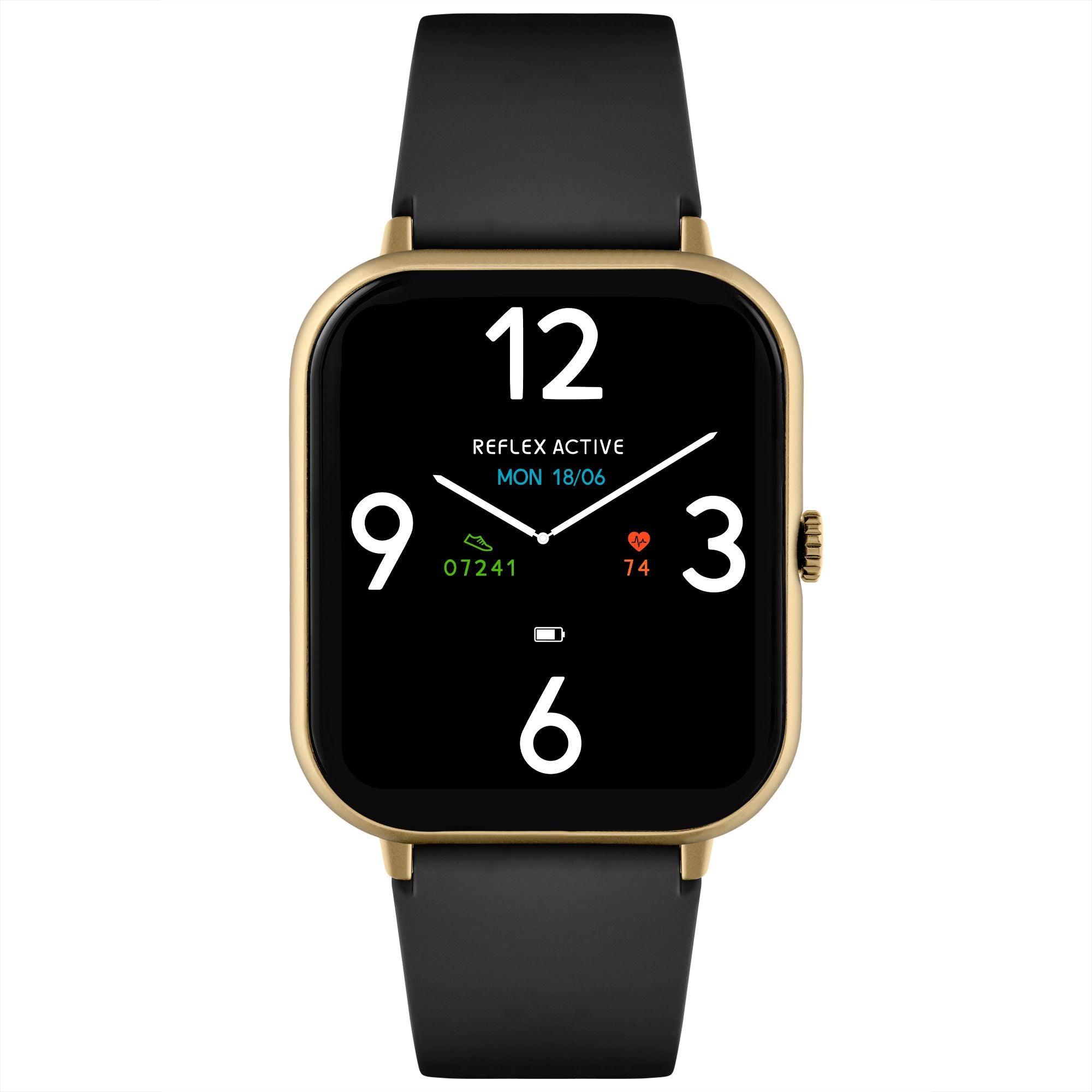 Smartwatch with a square gold-tone case and black display showing digital time and fitness data.