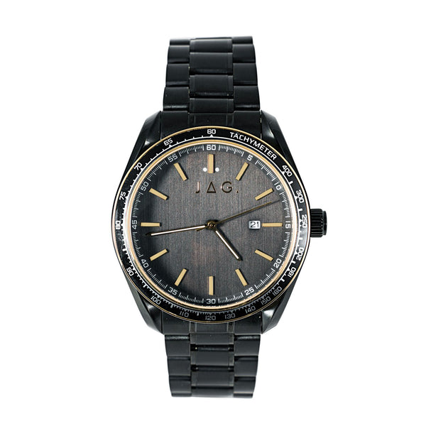 Black wristwatch with gold accents and a metal bracelet.