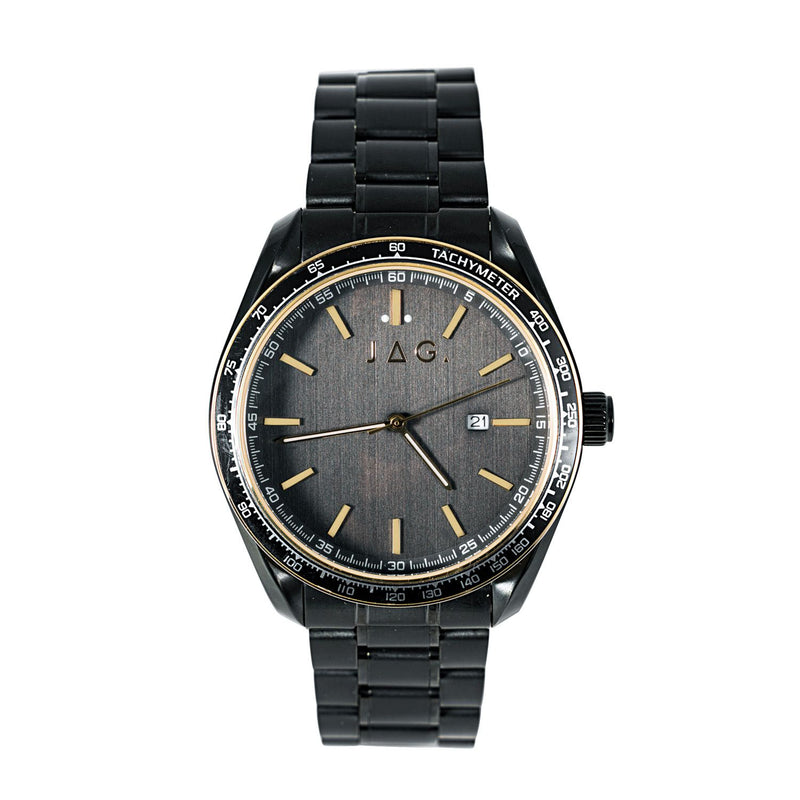 Black wristwatch with gold accents and a metal bracelet.
