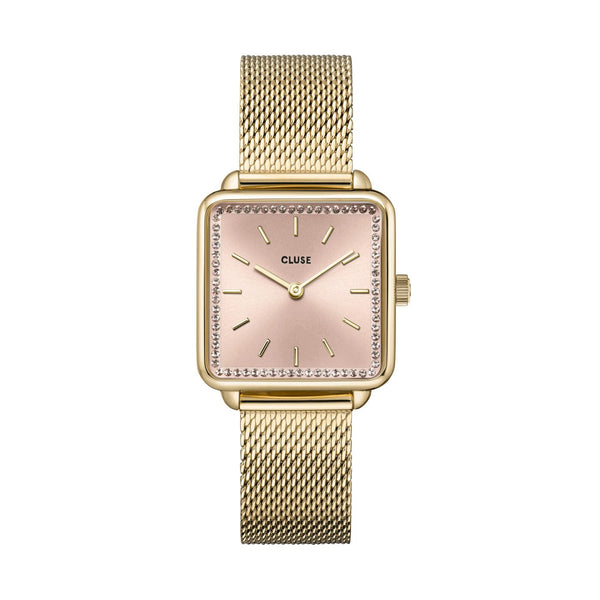 CLUSE La Tetragone Light Rose Gold Mesh Watch + Chain Bracelet Gift Set CG10322