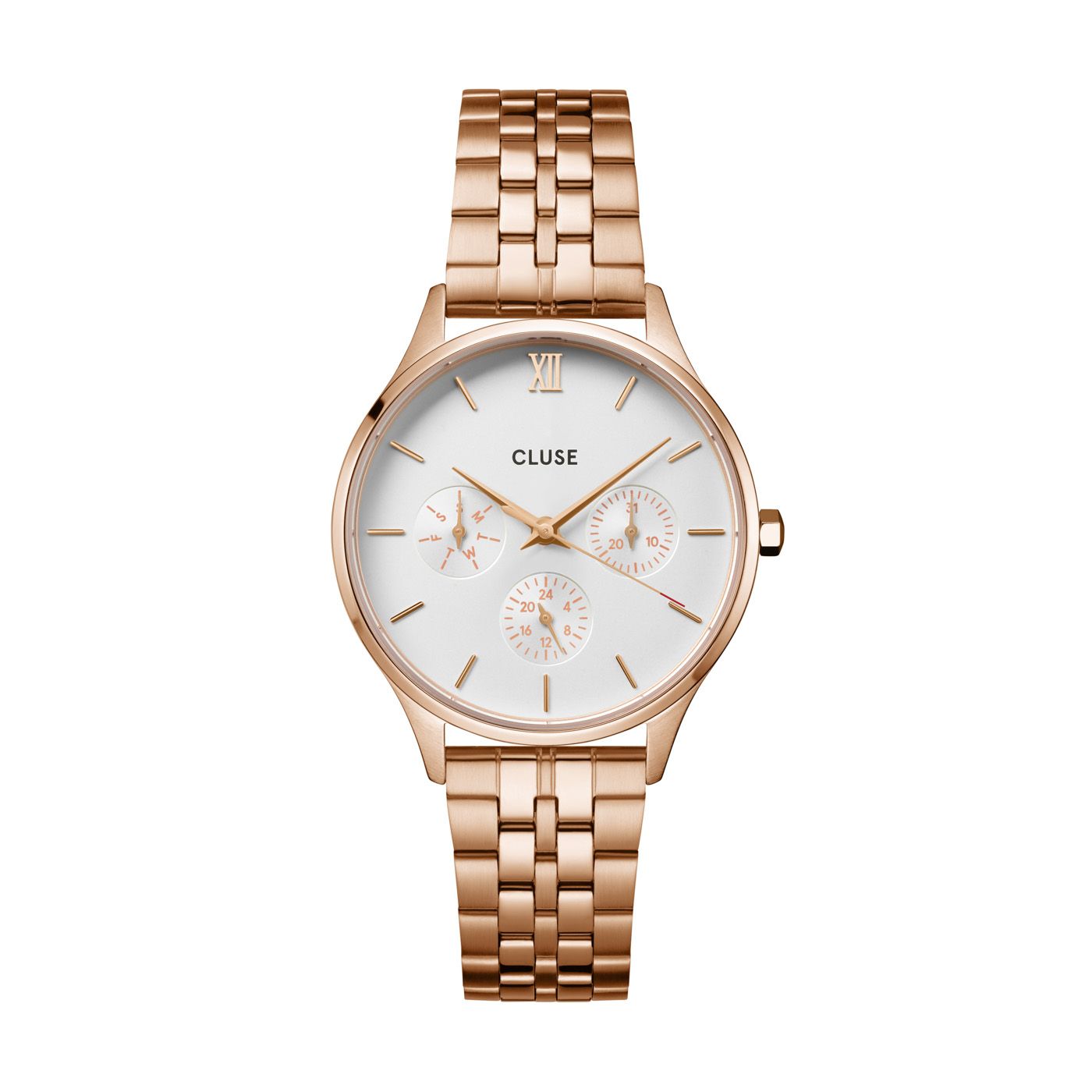 CLUSE Minuit Multifunction White/Rose Gold Link Watch CW10702