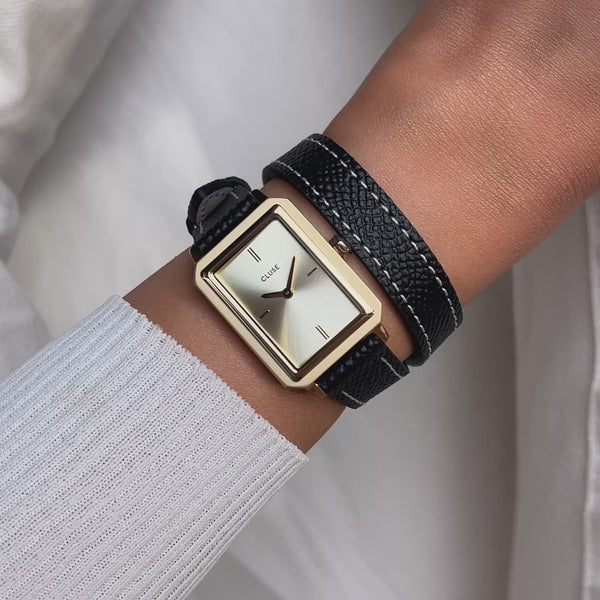CLUSE Fluette Gold Dial Black Leather Double Wrap Band Watch CW11517