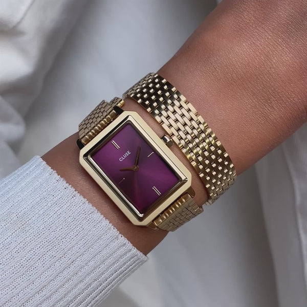 CLUSE Fluette Red Wine Dial Gold Double Wrap Link Watch CW11516
