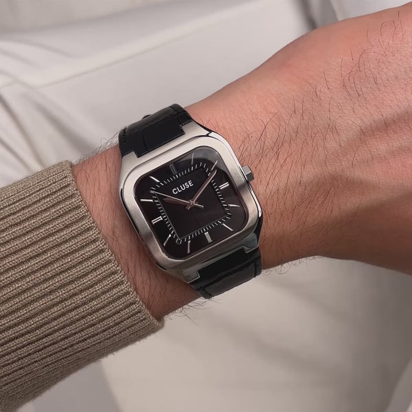 CLUSE Quadrus Square Black Dial and Leather Band Watch CW25703