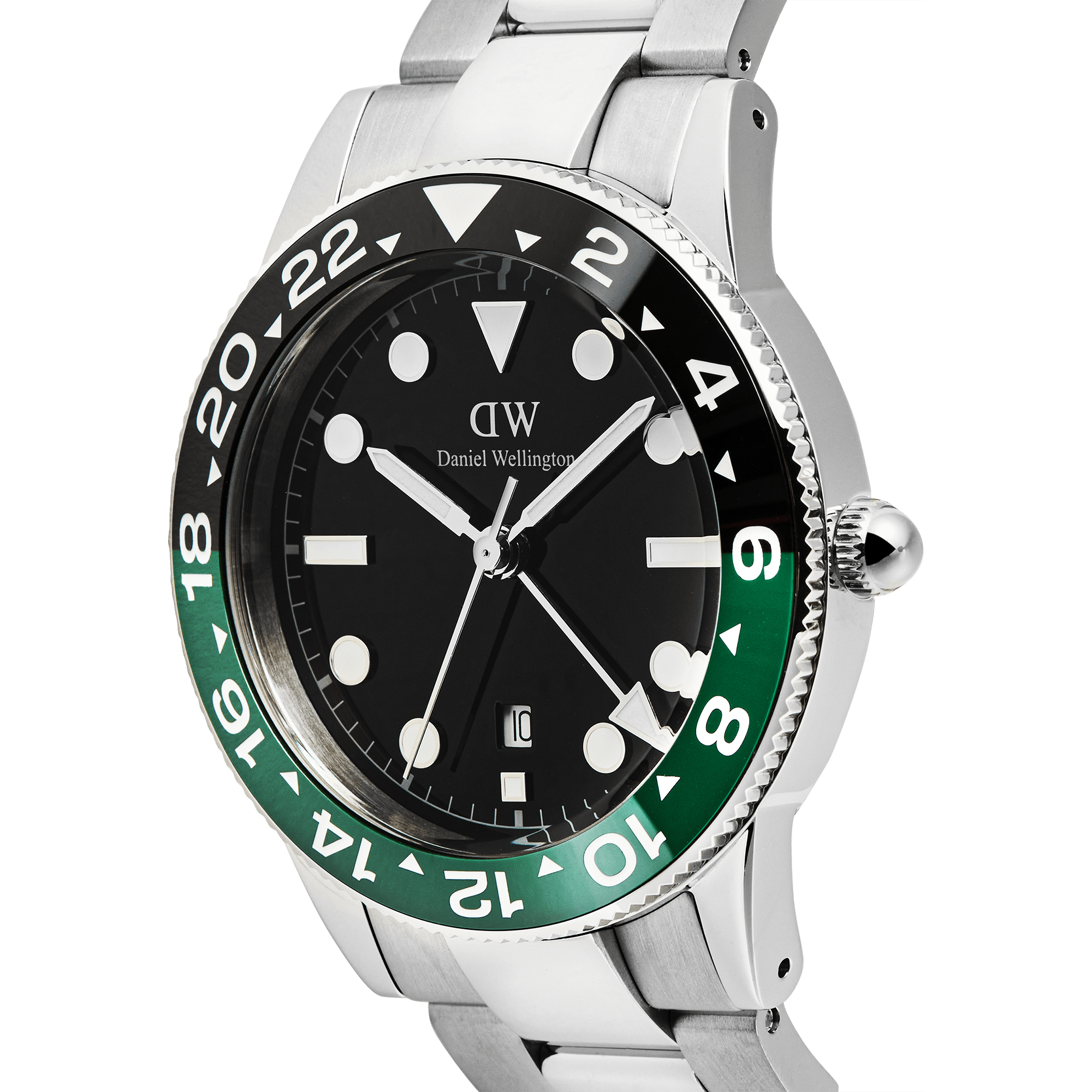Daniel Wellington Iconic GMT Link Black Green Ceramic Bezel Silver DW00100920