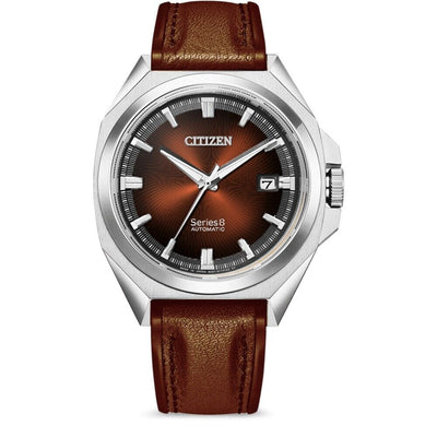 Citizen wristwatch with a brown leather strap and silver-toned case.