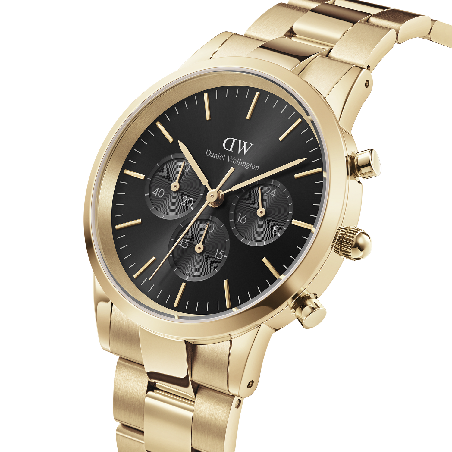 Gold-toned wristwatch with a black dial and chronograph subdials.