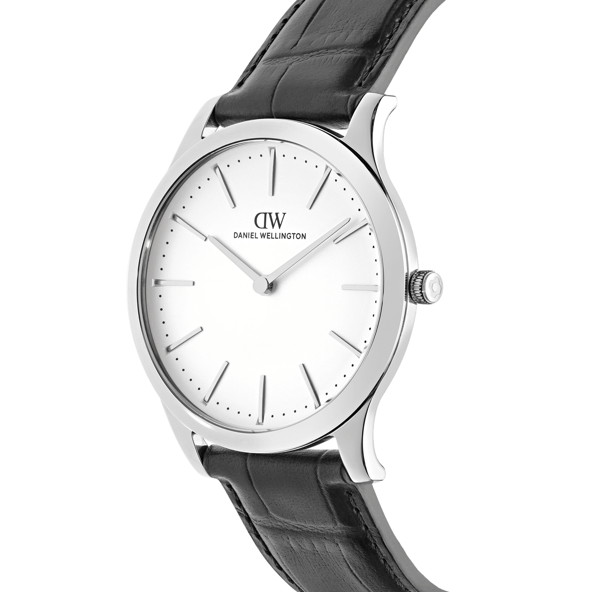 Daniel Wellington Pathfinder Black-Croc Frost-White Silver DW00100980 men's watch with white sunray dial and black leather strap