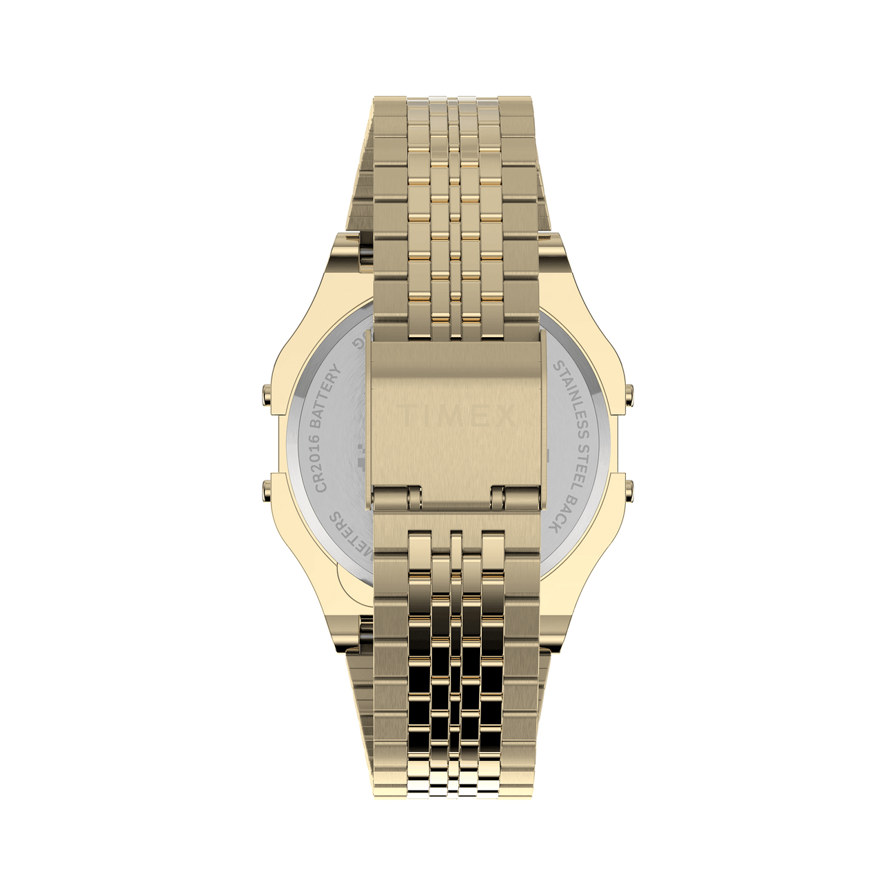Gold-toned digital wristwatch with a metal link bracelet.