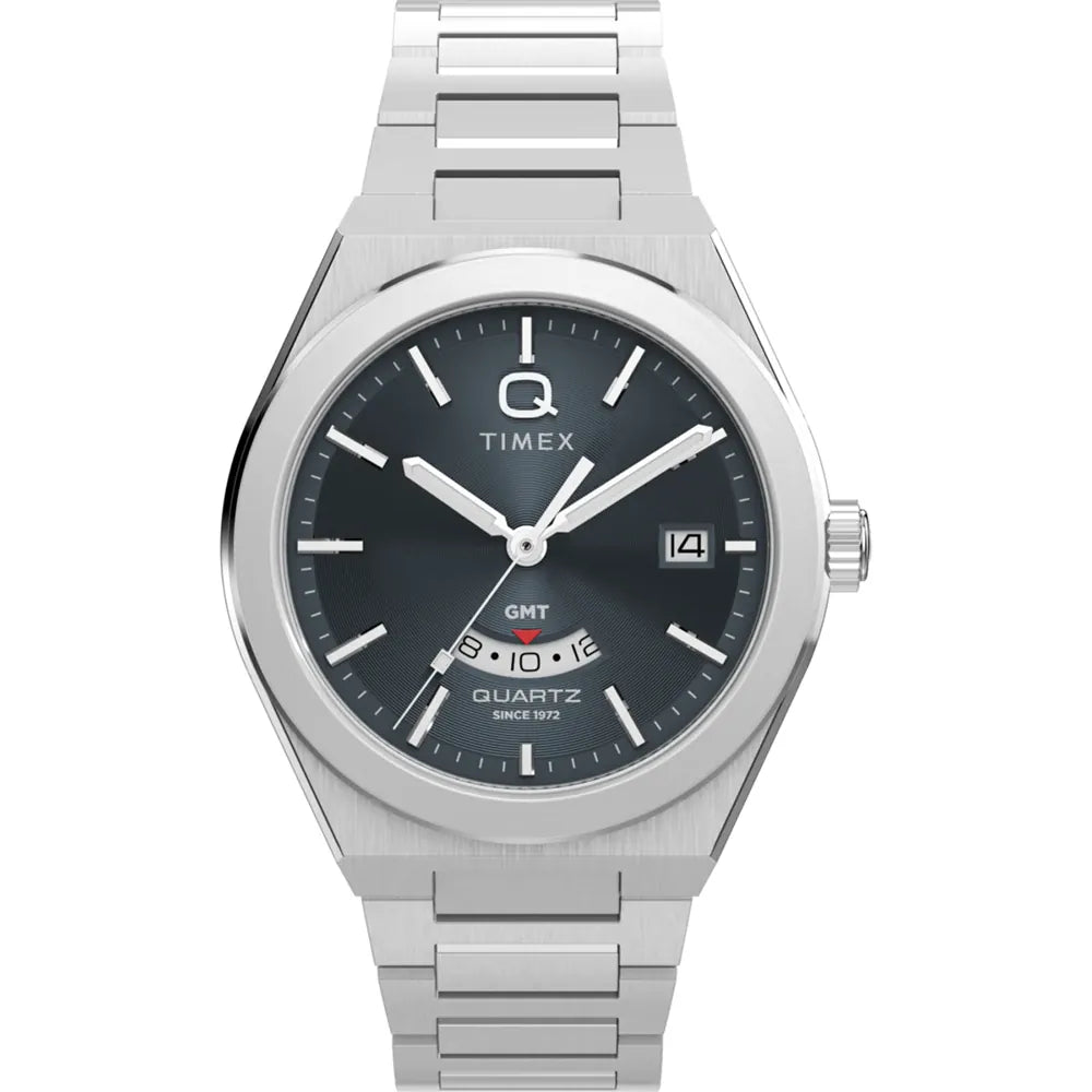 Timex Continental GMT Watch with stainless steel case, 39mm diameter, metal bracelet, and dual-time quartz movement.