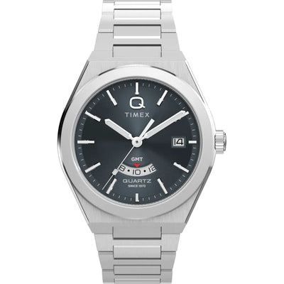 Timex Continental GMT Watch with stainless steel case, 39mm diameter, metal bracelet, and dual-time quartz movement.