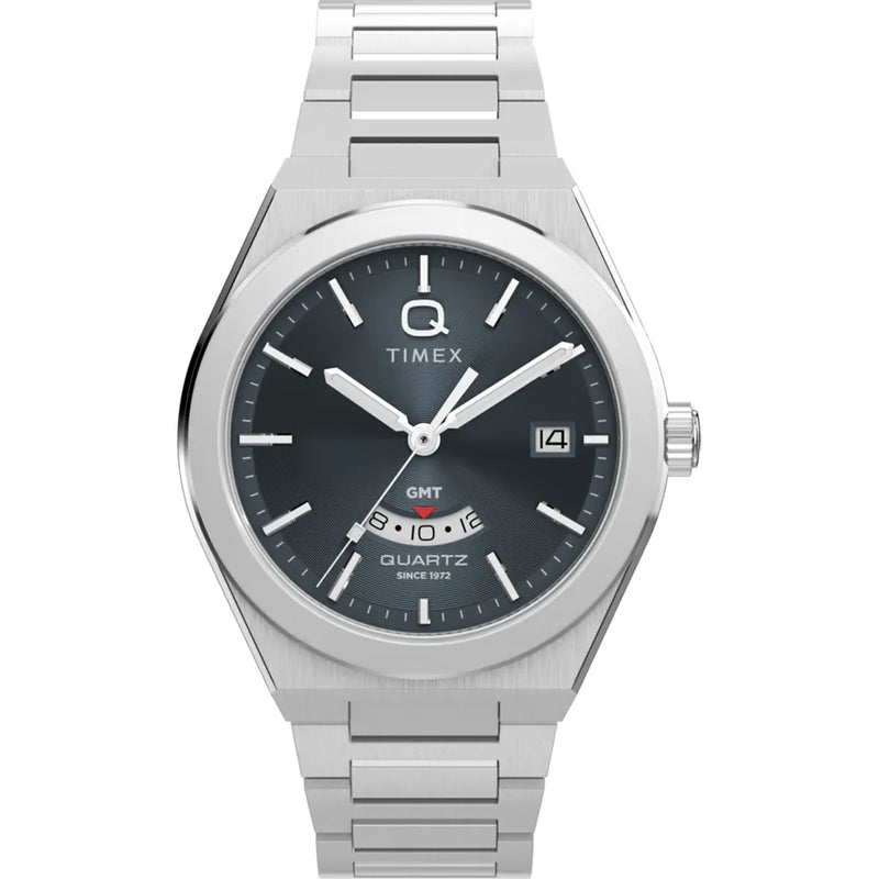 Timex Continental GMT Watch with stainless steel case, 39mm diameter, metal bracelet, and dual-time quartz movement.