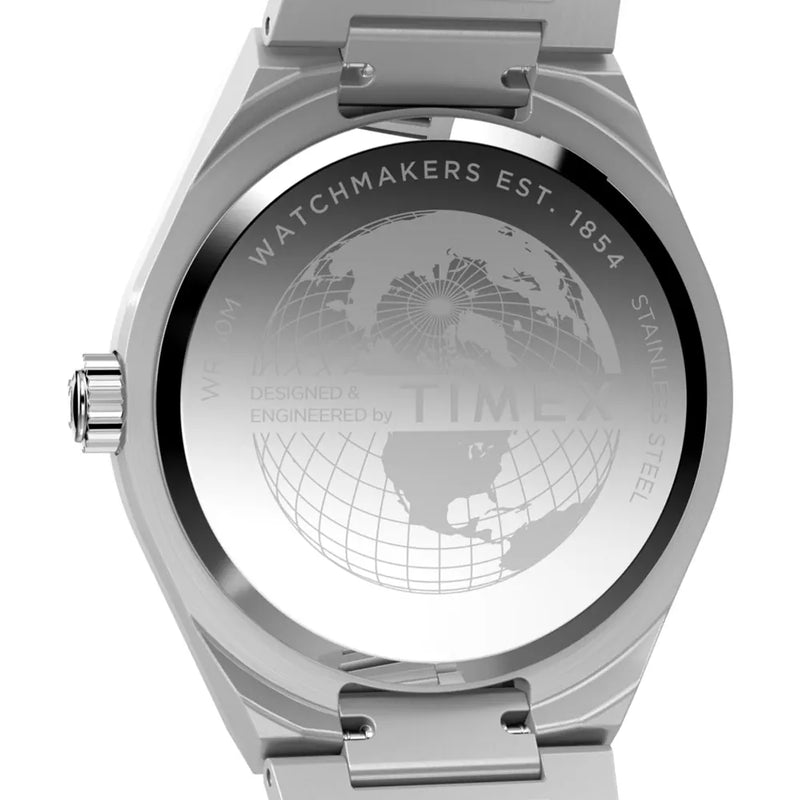 Timex Continental GMT Watch with an engraved stainless steel case back, showcasing the brand's heritage and global design.