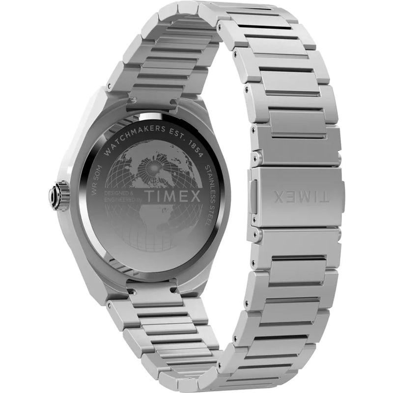 Timex Continental GMT Watch with a 39mm stainless steel case, metal bracelet, and engraved case back detailing.