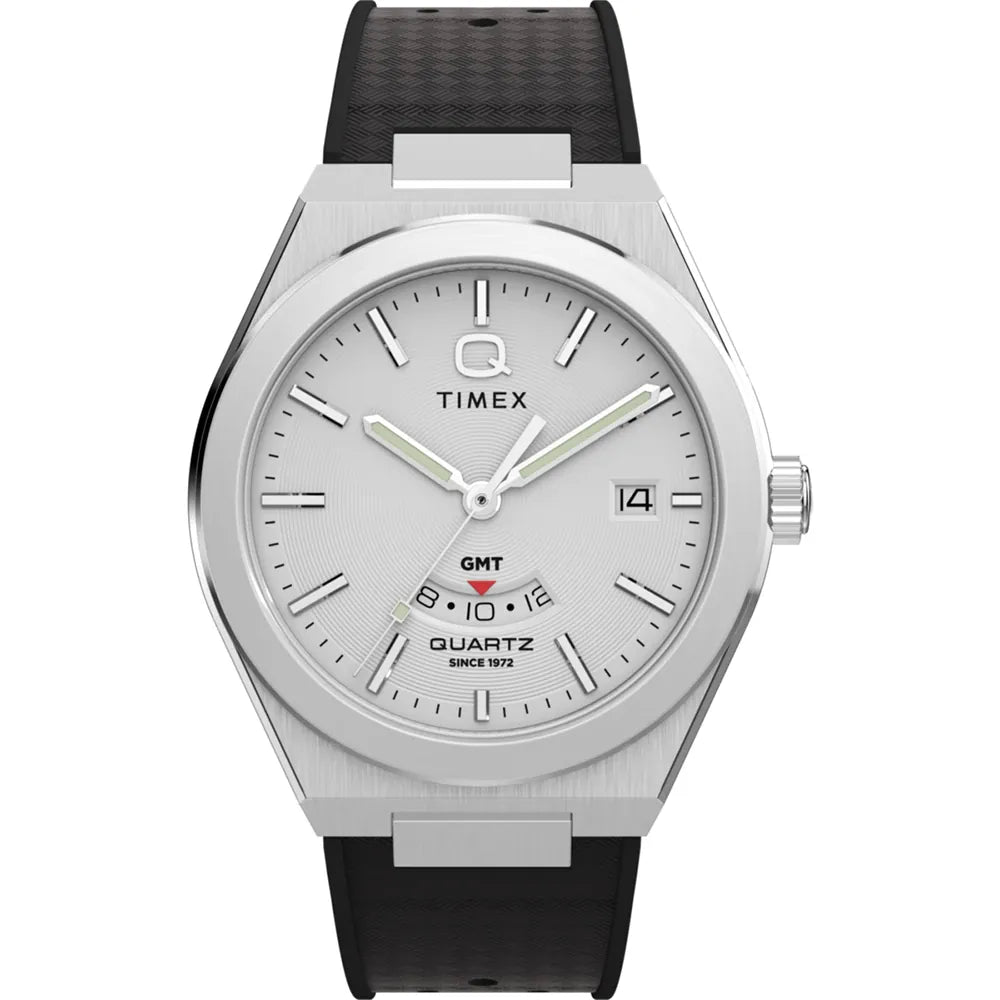 Timex Continental GMT Watch with stainless steel 39mm case, quartz movement, mineral crystal, and black rubber strap.