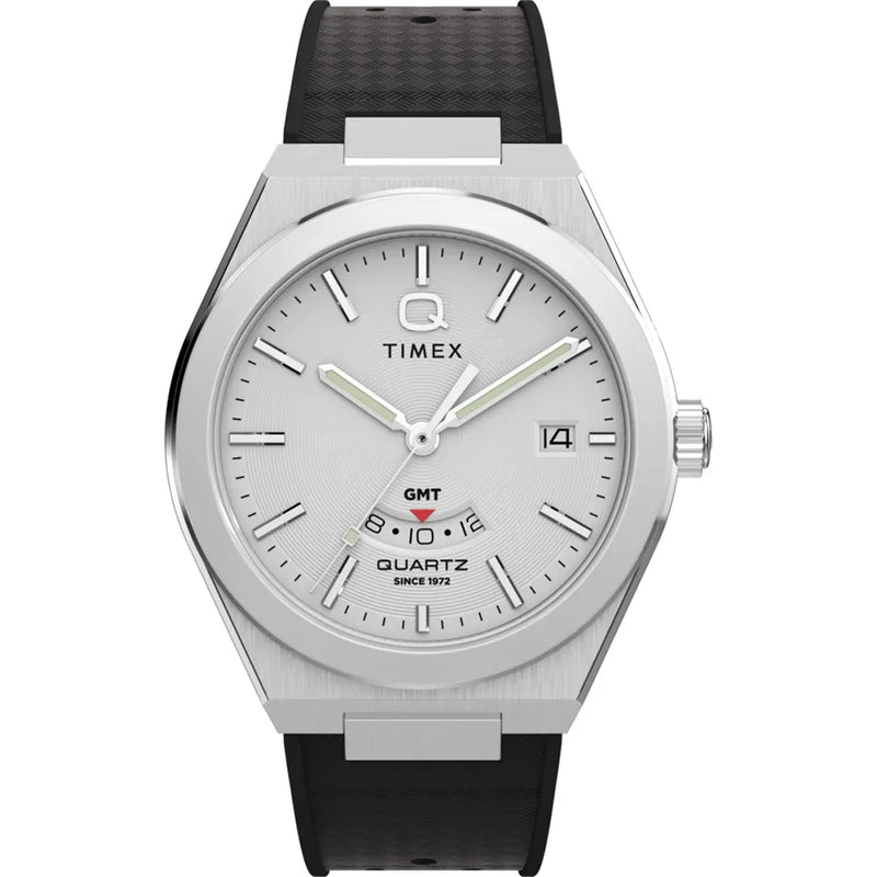 Timex Continental GMT Watch with stainless steel 39mm case, quartz movement, mineral crystal, and black rubber strap.