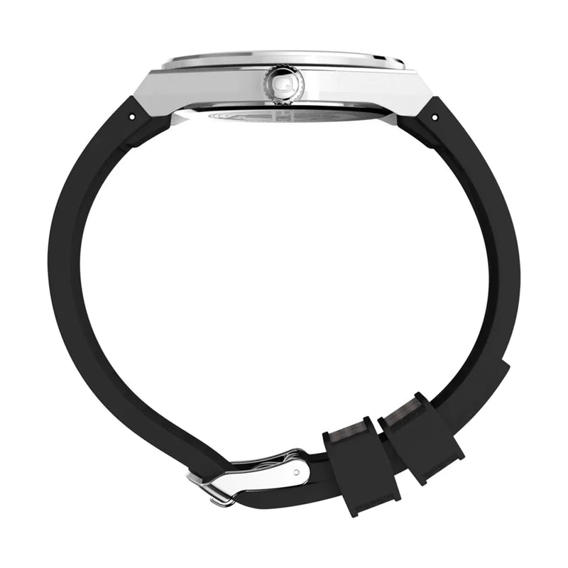 Side view of the Timex Continental GMT Watch with a stainless steel case, 39mm diameter, and a durable black rubber strap.