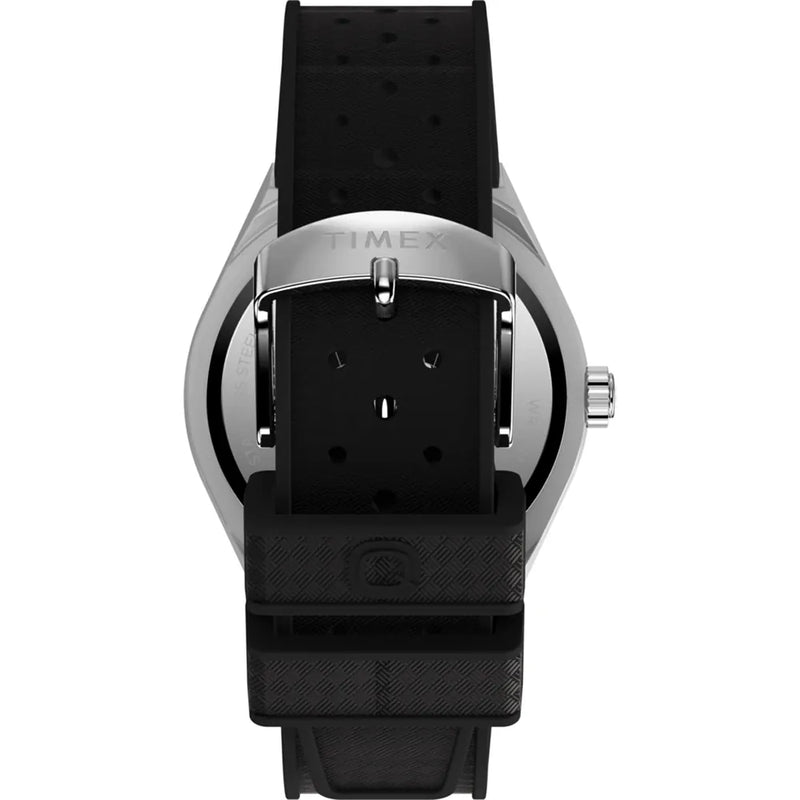 Timex Continental GMT Watch with stainless steel case and black rubber strap, featuring a durable mineral crystal and 5 ATM water resistance.