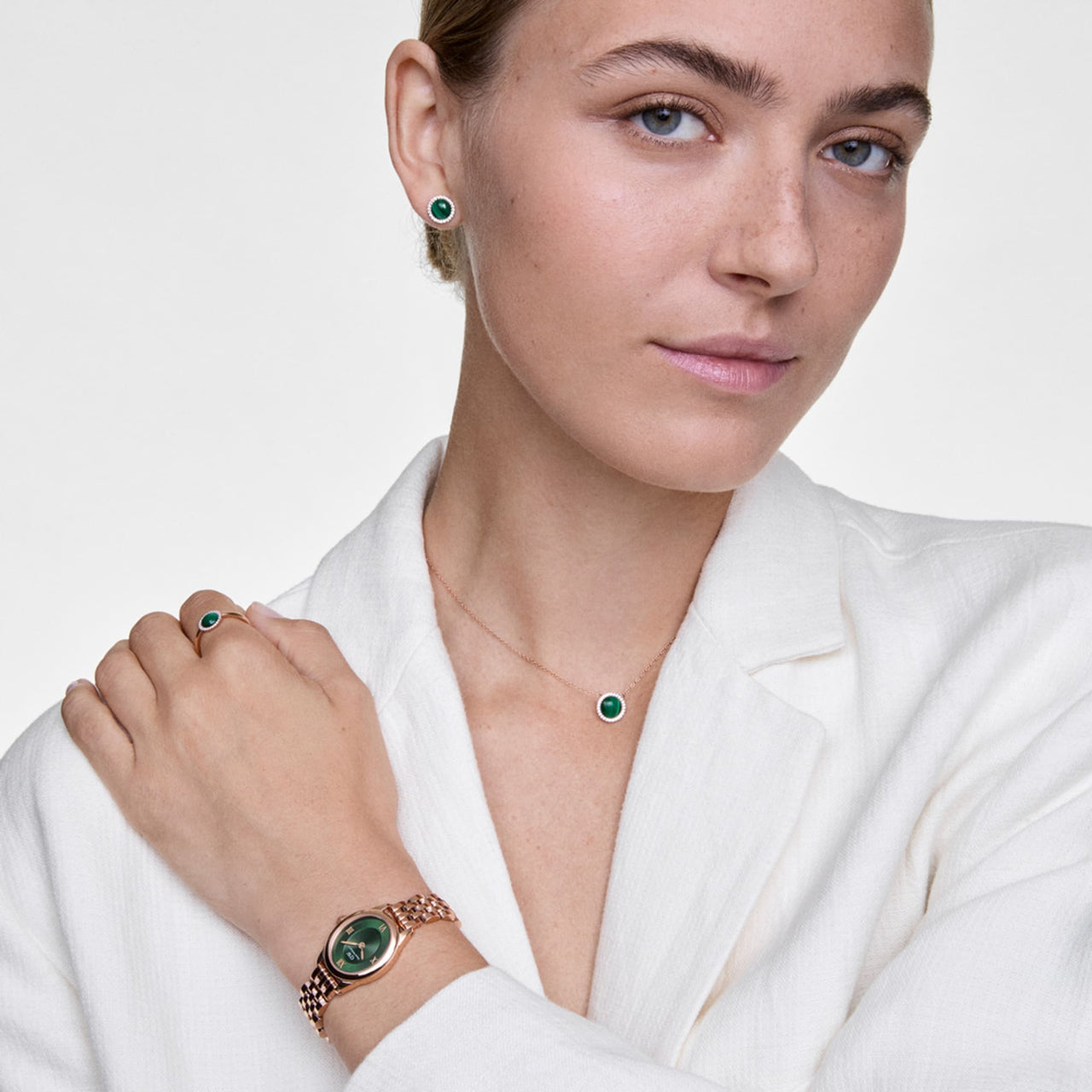 Daniel Wellington Ophelia Mini Beans Link Rose Gold Emerald Dial Watch DW00100806
