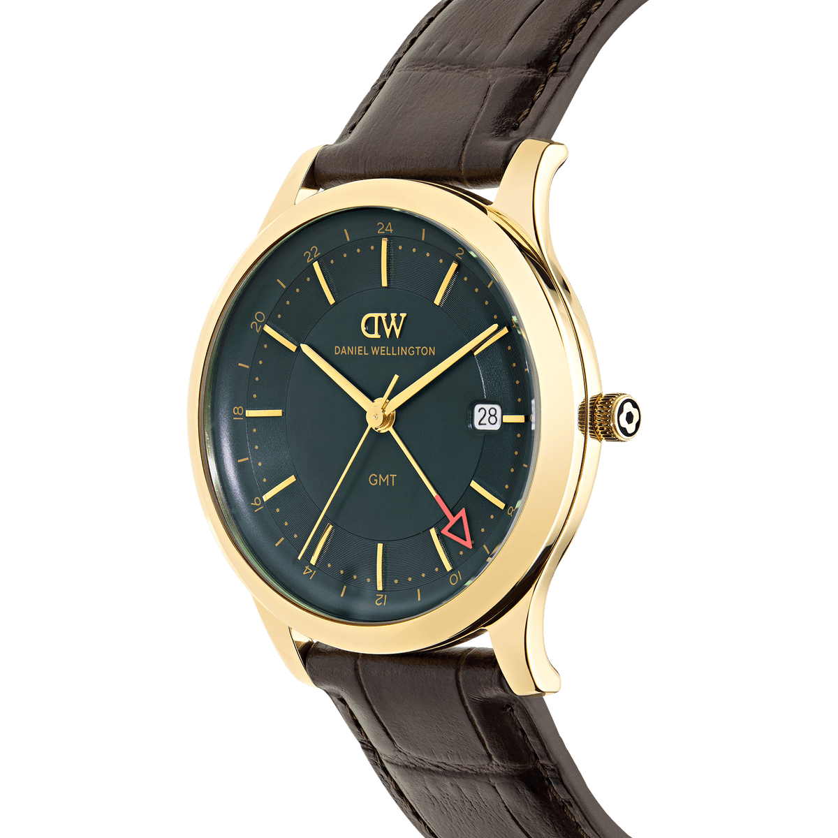 Daniel Wellington Pathfinder GMT Brown-Croc Green Gold DW00100974 men's watch with green sunray dial and brown leather strap