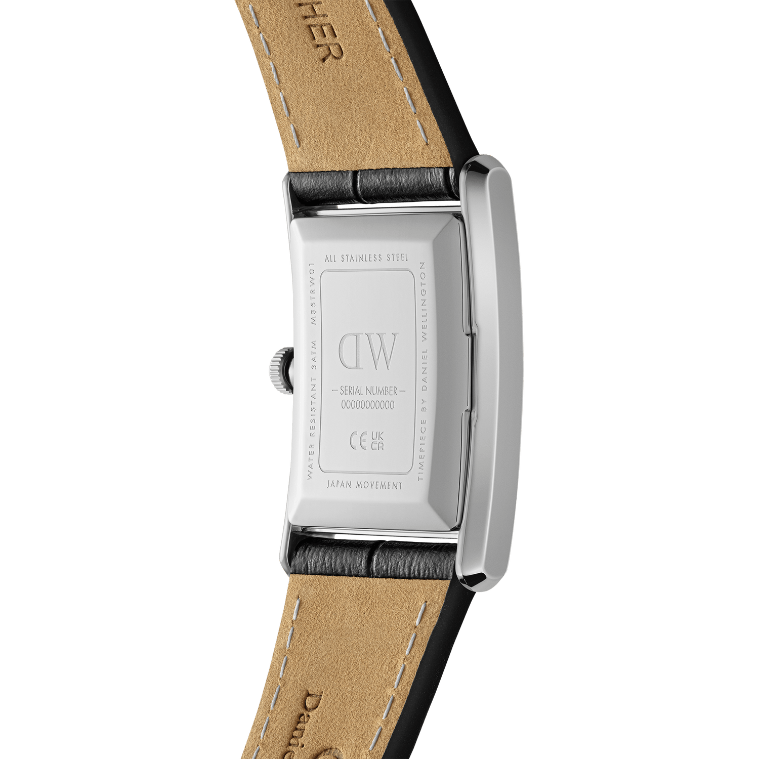 Back of a rectangular wristwatch with a leather strap.