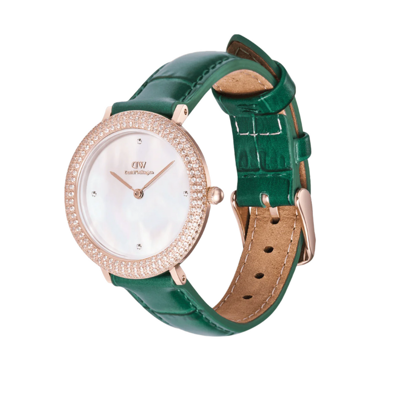 Daniel Wellington Crystalline Bezel Green Croc Rose Gold White Dial Watch DW00100826