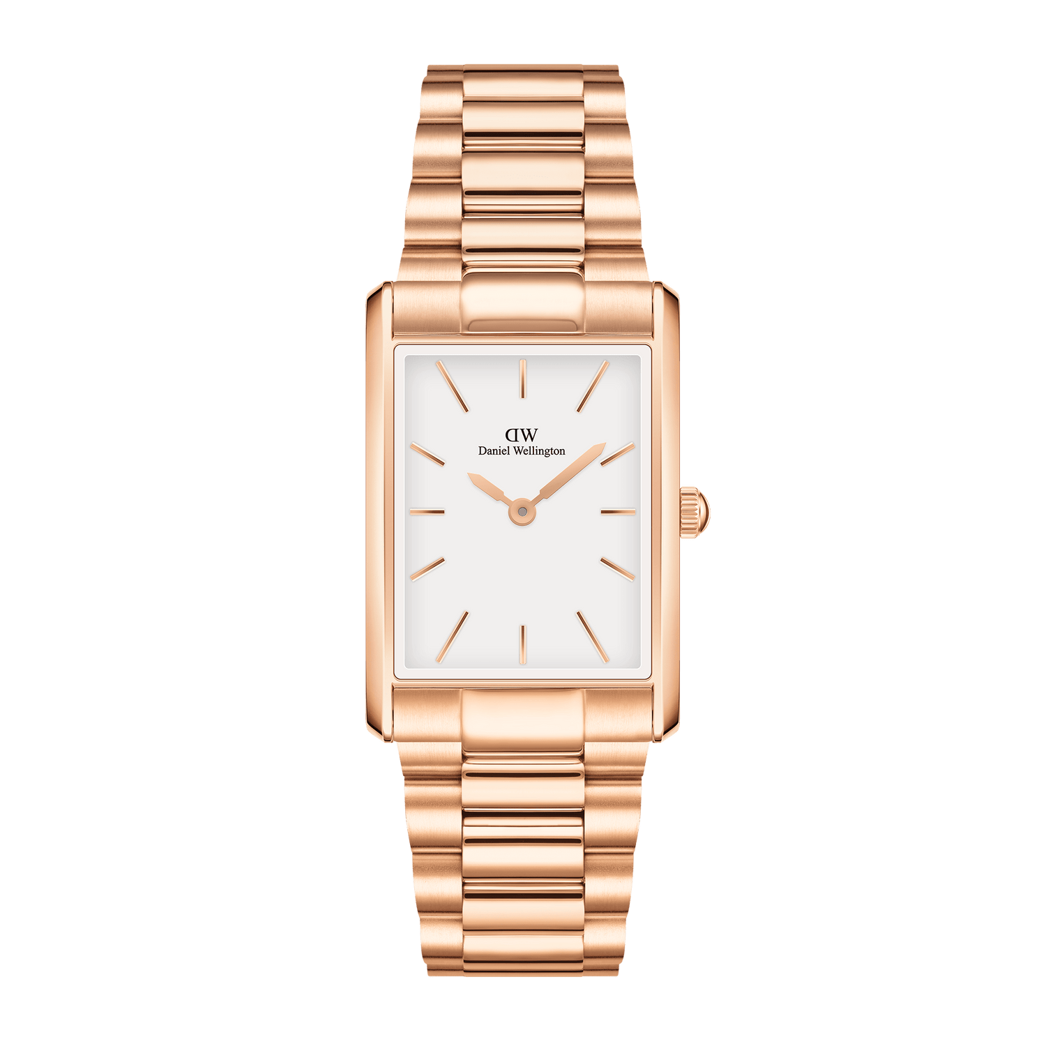 Rose gold rectangular wristwatch with a white dial and metal bracelet.