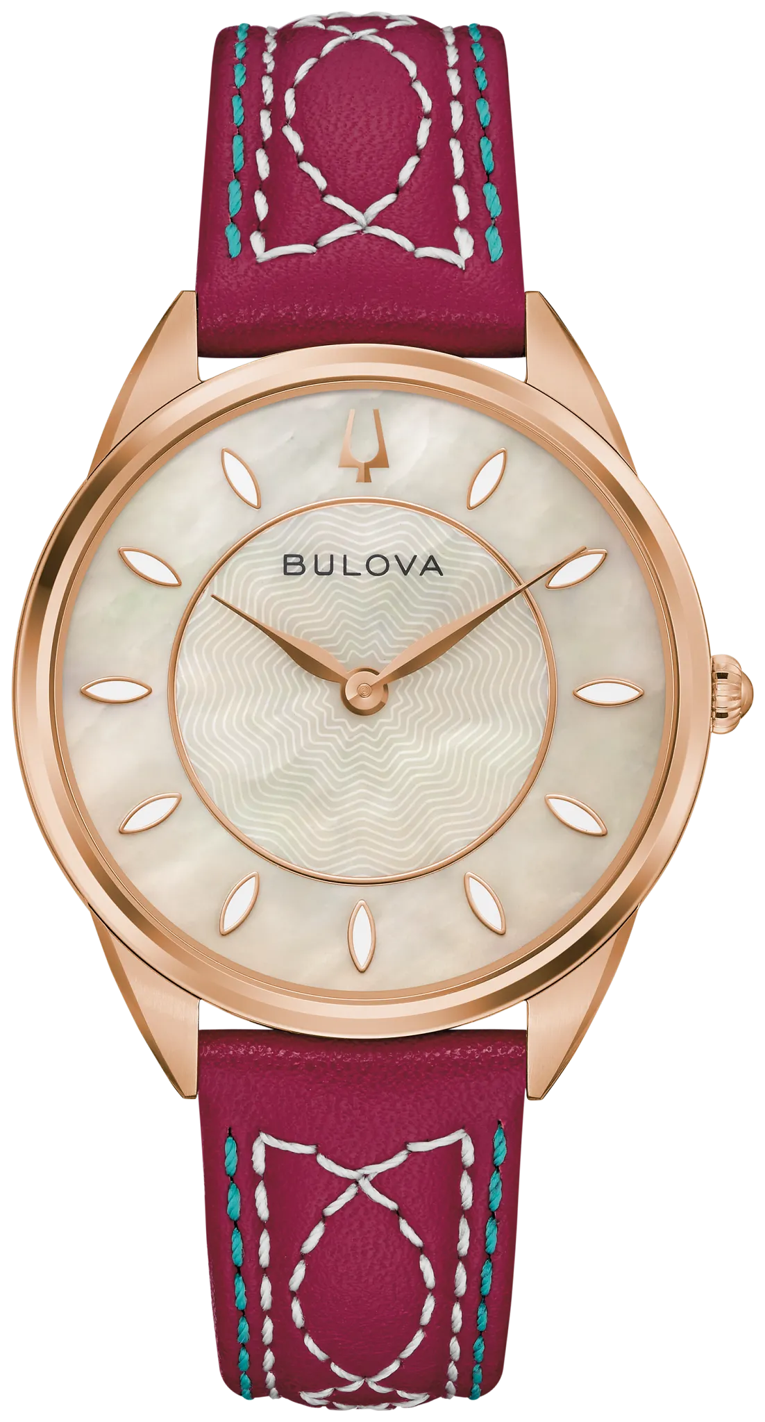 Bulova Sutton 97L204 ecru mother-of-pearl dial with open heartbeat aperture, rose gold-tone case and rose-red leather strap with turquoise and white western stitching, official front shot