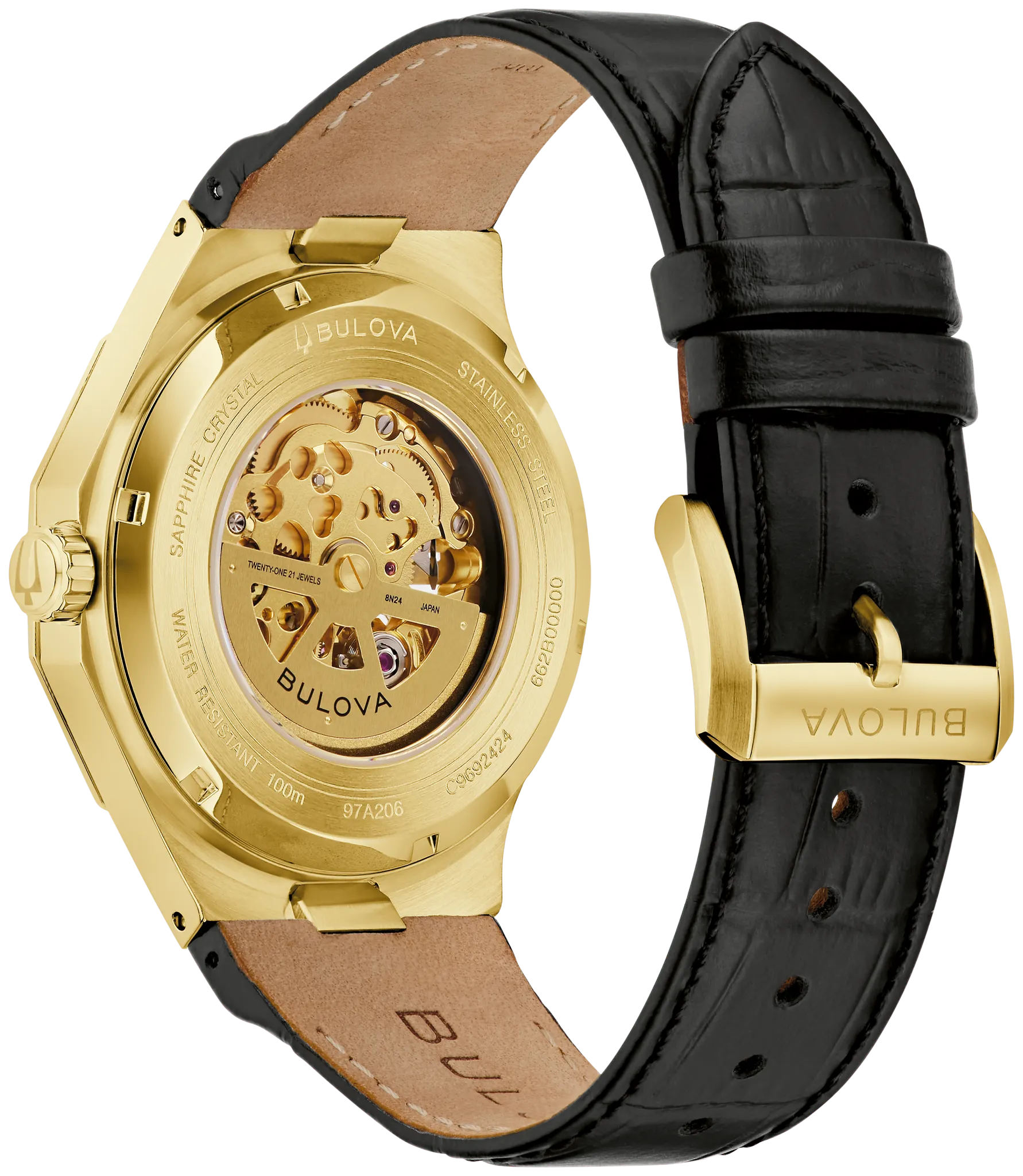 Bulova Prestige 97A206 automatic men's watch with silver-tone open dial, gold-tone faceted case and leather strap — angled view