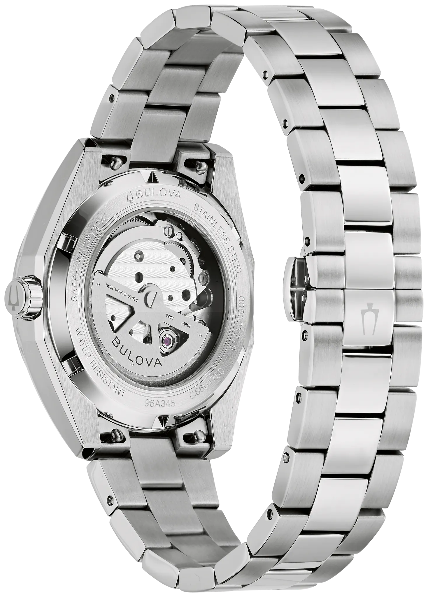 Bulova Surveyor 96A345 automatic men's watch with white dial and silver-tone stainless steel bracelet — angled view