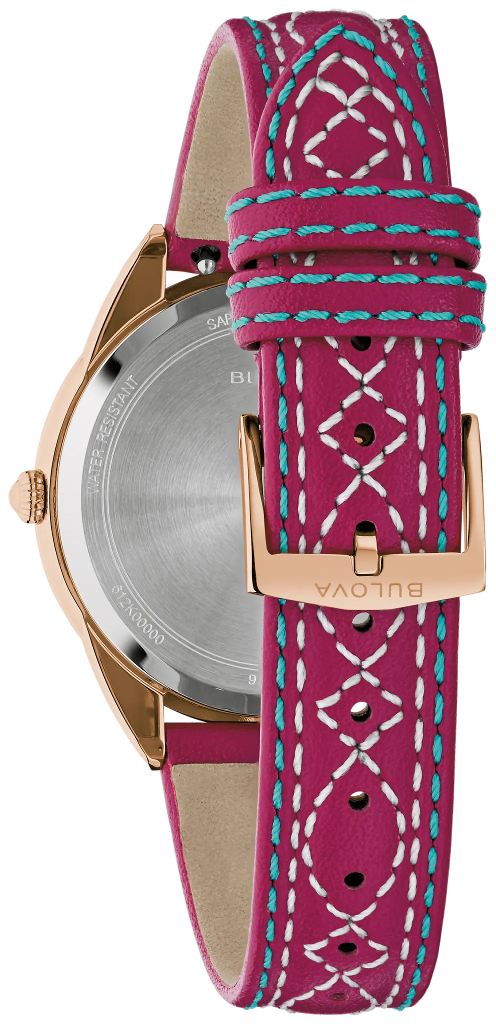 Bulova Sutton 97L204 mother-of-pearl dial watch, official angled view showing rose gold-tone case profile and red leather strap