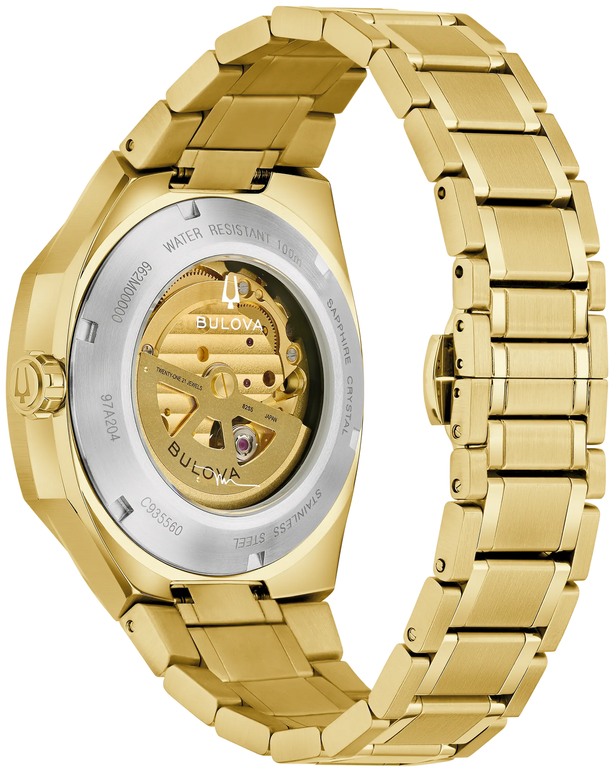 Bulova Marc Anthony Surveyor 97A204 automatic men's watch with black sunray dial and gold-tone stainless steel bracelet — angled view