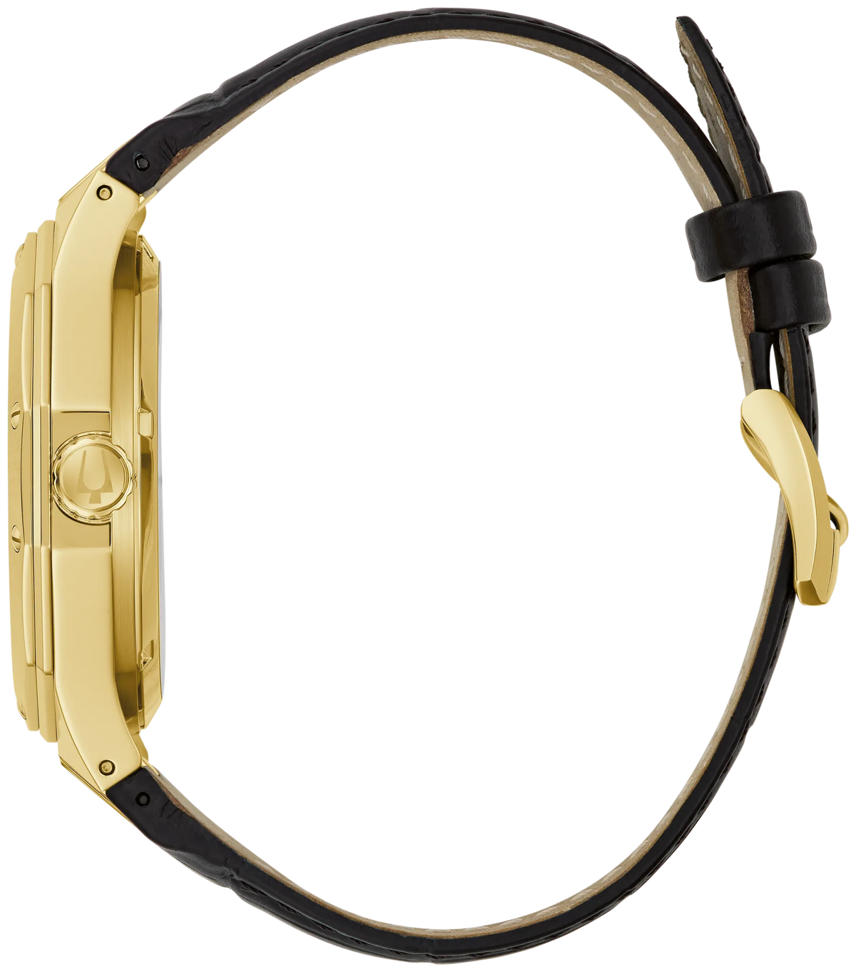 Bulova Prestige 97A206 automatic men's watch with silver-tone open dial, gold-tone faceted case and leather strap — detail view