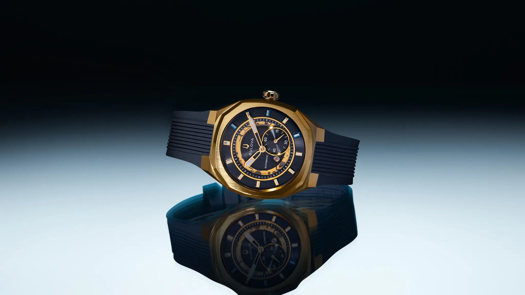Bulova Marc Anthony Surveyor 97A205 automatic men's watch with blue sunray dial and blue rubber strap — strap detail