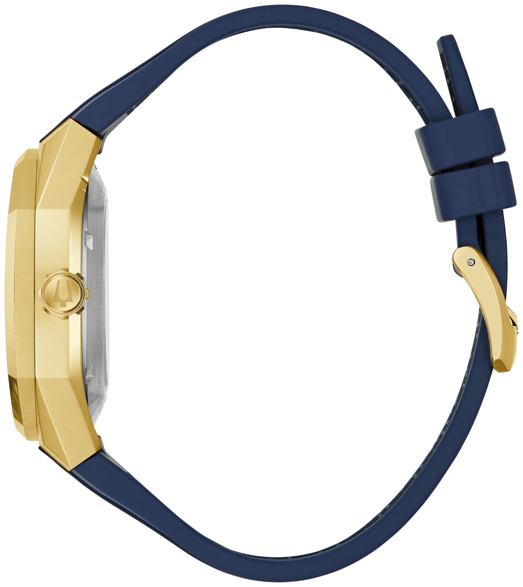 Bulova Marc Anthony Surveyor 97A205 automatic men's watch with blue sunray dial and blue rubber strap — detail view