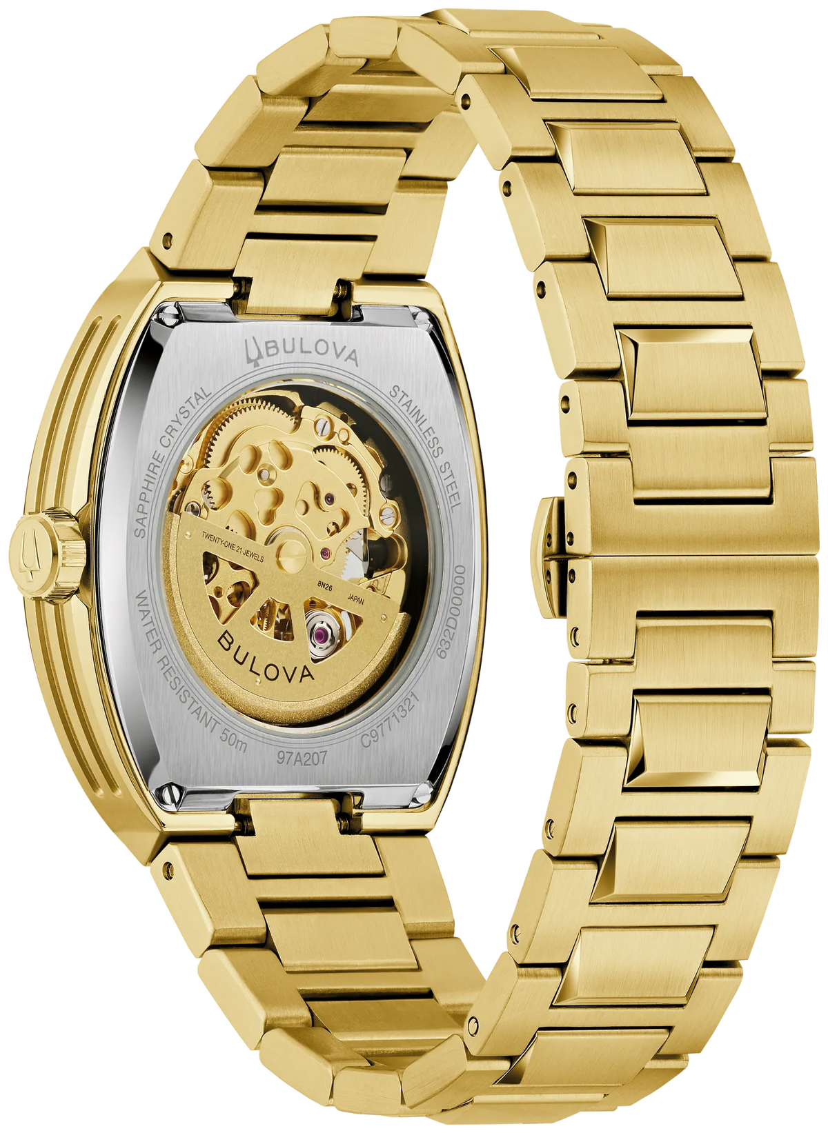 Bulova Maquina 97A207 automatic men's watch with skeletonised black dial and gold-tone stainless steel bracelet — angled view