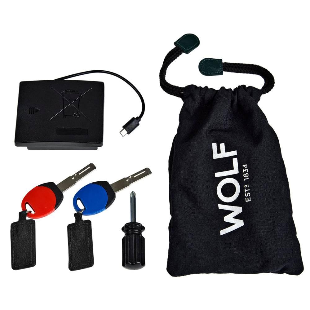 Wolf The Den 8 Piece Watch Winder Safe Black 430802 included power adapter keys and tools