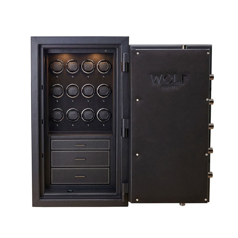 WOLF Athos 12 Piece Watch Winder Safe in Black, front view with the door open