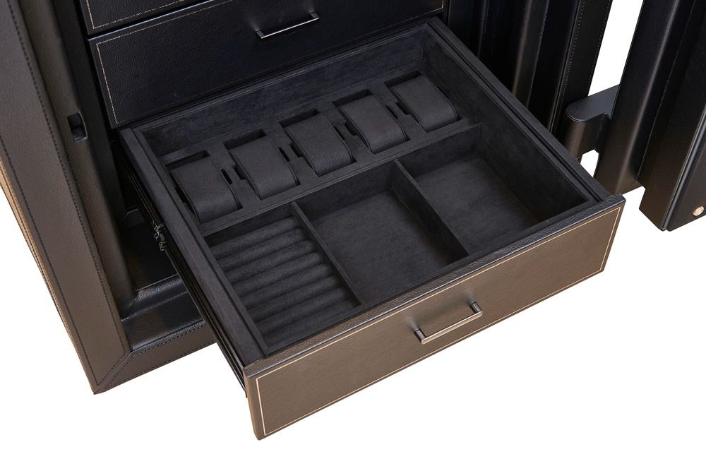 WOLF Athos 12 Piece Watch Winder Safe in Black, open LusterLoc drawer with ultrasuede trays
