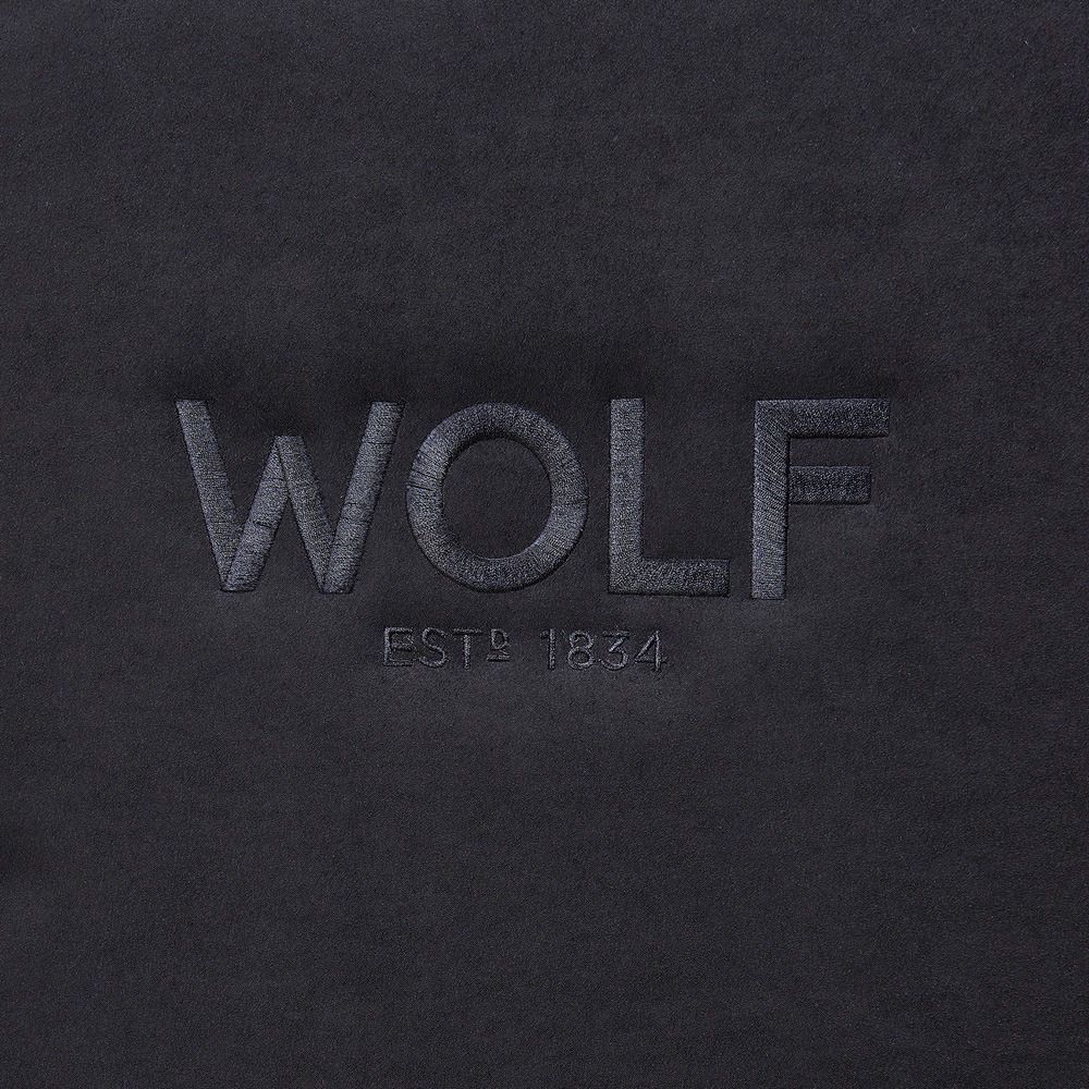 WOLF Athos 20 Piece Watch Winder Safe in Black, embossed WOLF logo on the ultrasuede lining